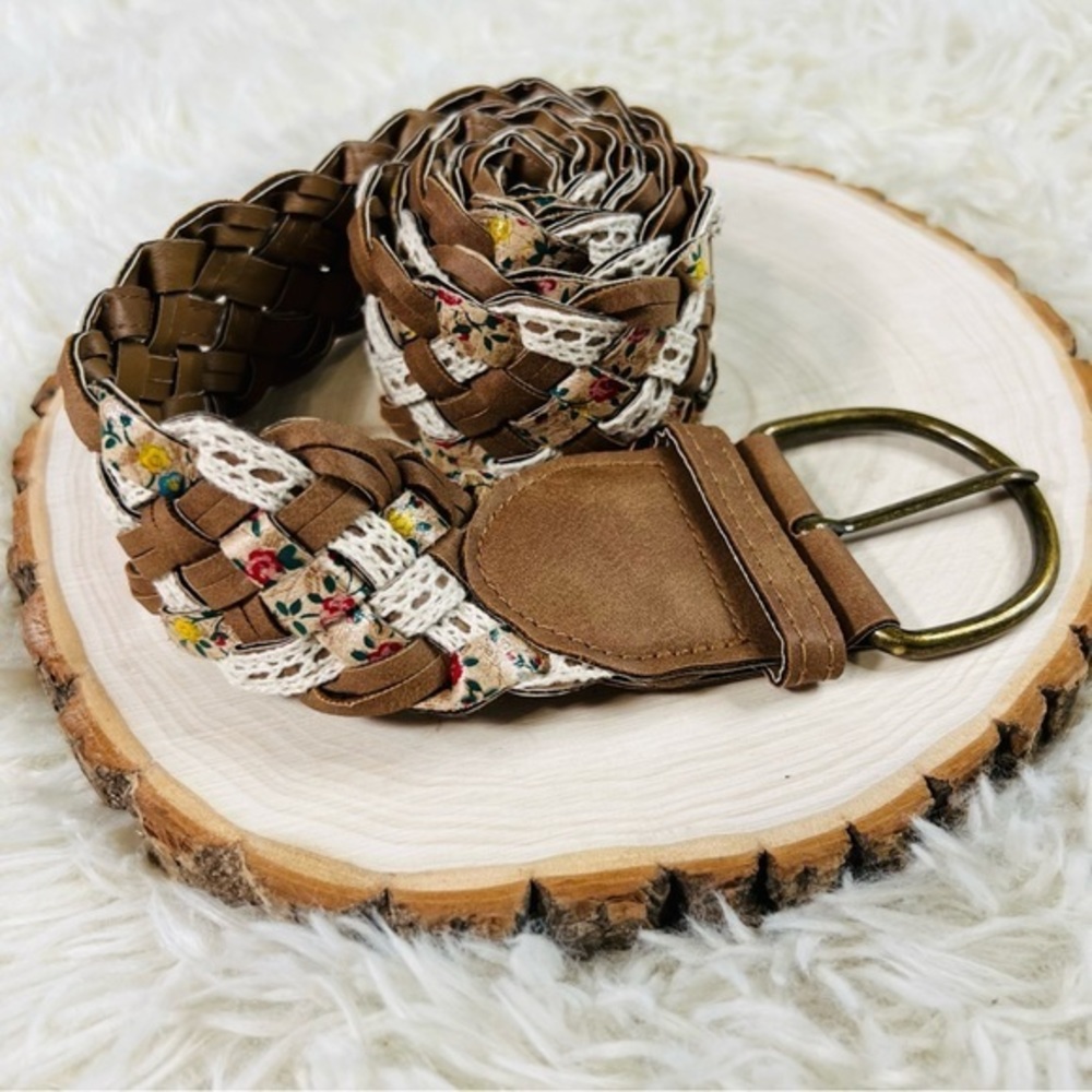 Boho Braided Leather Floral Fabric and Crochet Lace Belt